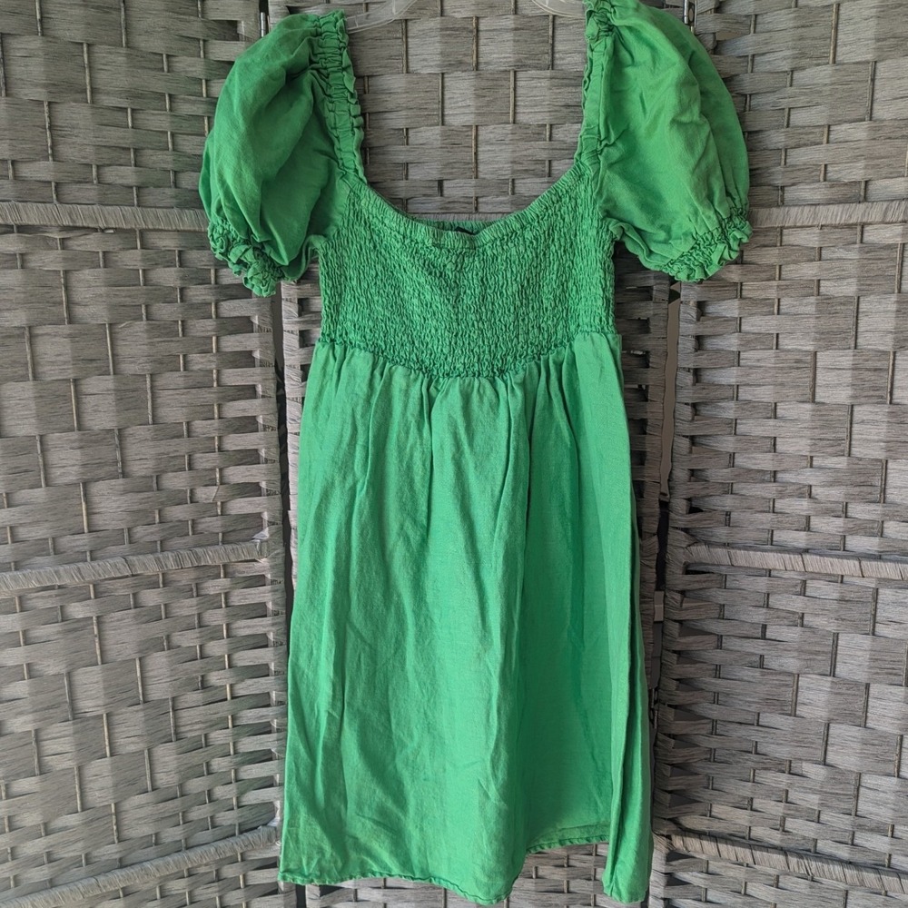 House of Harlow 1960 Mini Dress Green‎ Smocked Babydoll Puff Sleeve Linen Blend